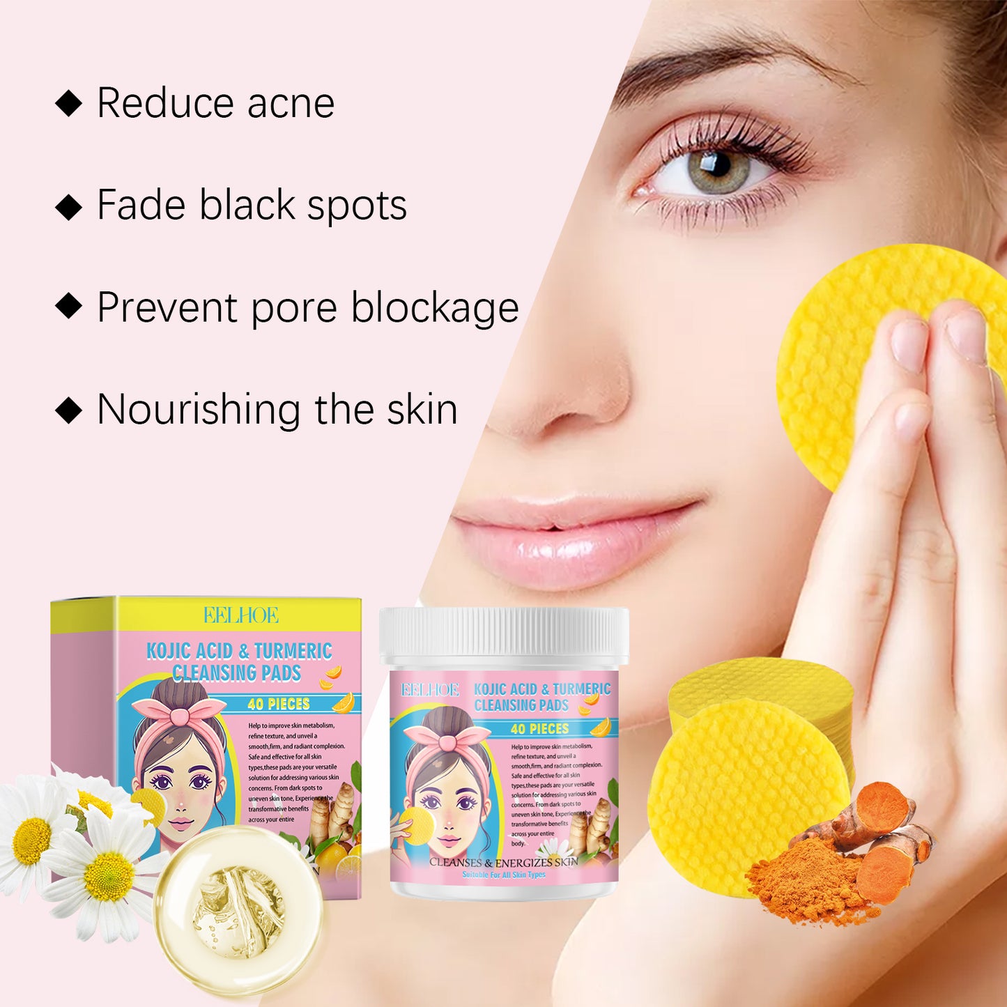 Turmeric Kojic Acid Cleansing Pads Gentle Cleansing of Facial Skin Refreshing and Balancing Oil Skin Care Cleansing Pads